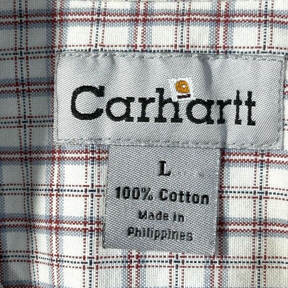 Carhartt Mens L Shirt Work Relaxed Button Up Short Sleeve White Chambray Plaid - Picture 2 of 8